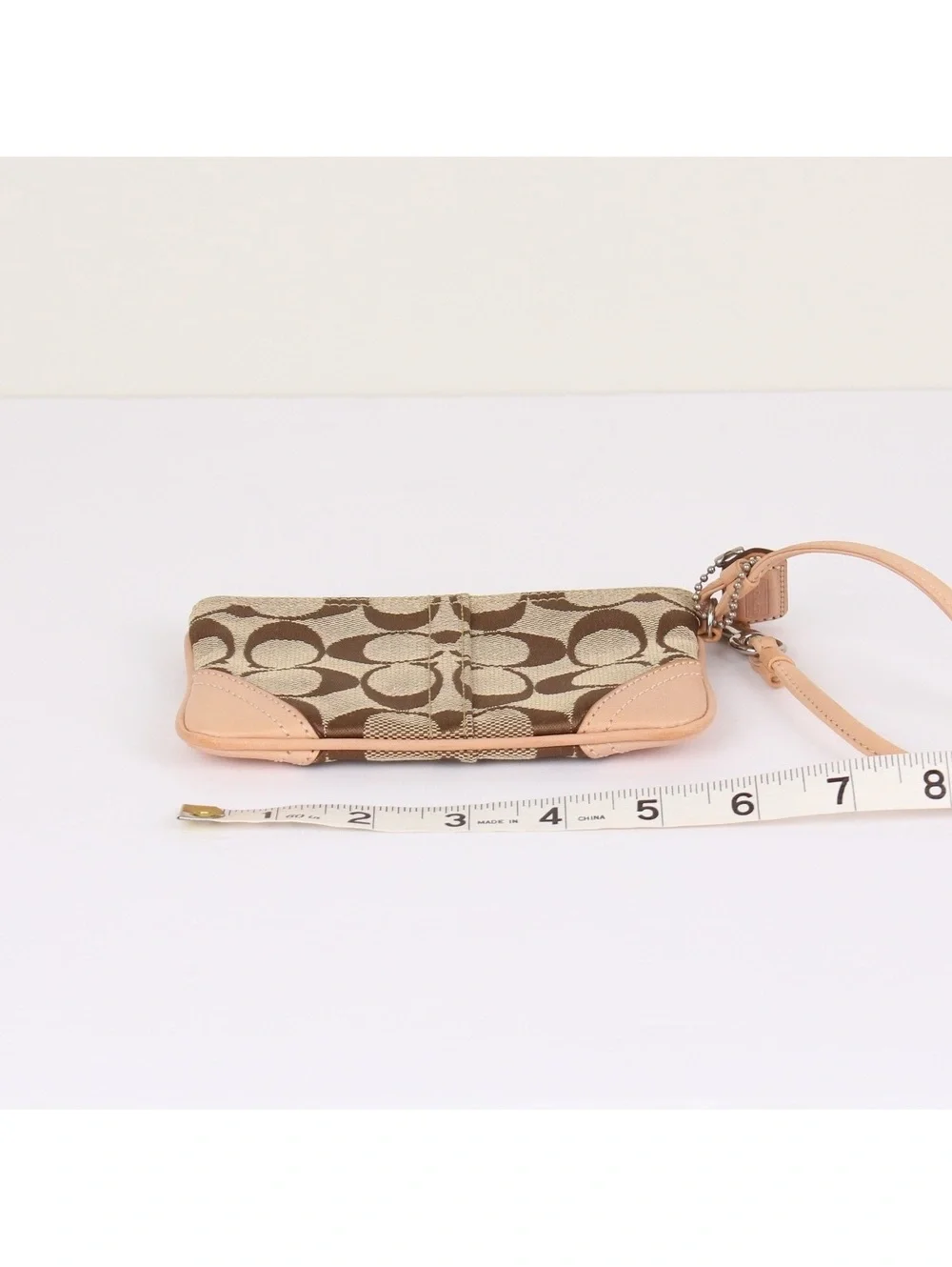 Coach Signature Canvas Zip Wristlet Peach Leather Trim